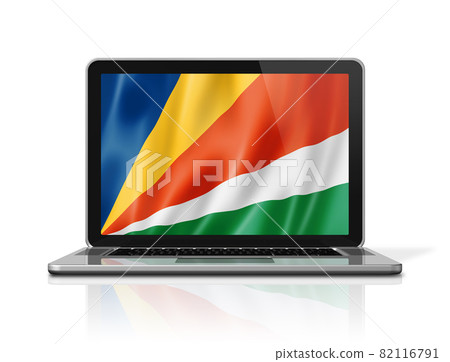 Seychelles flag on laptop screen isolated on white. 3D illustration 82116791