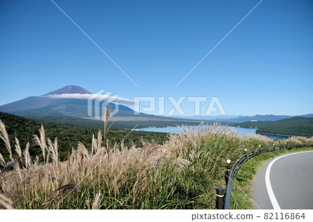 [山梨] 從全景看台上看到的山中湖和富士山（秋季） 82116864