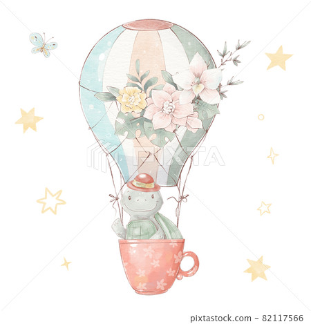 Set of cute cartoon turtle in a hot air balloon. Watercolor illustration 82117566