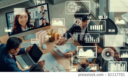 Creative visual of business people in a corporate staff meeting on video call Creative visual of business people in a corporate staff meeting on video call 82117781