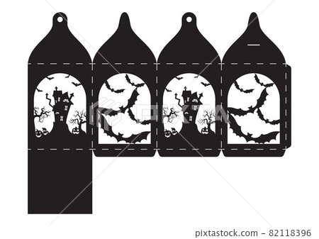 Happy Halloween treat box. Gift party favor box for sweets, candies, small presents, bakery. Simple packaging die cut template for laser cut with bats silhouette. Vector stock illustration 82118396