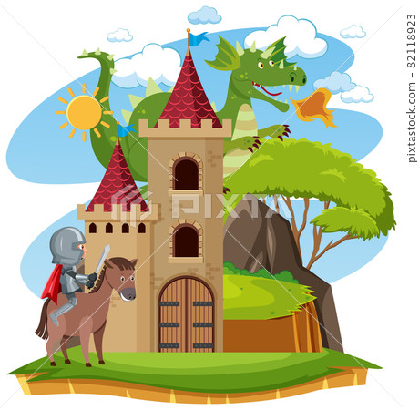 Knights fight with dragon at the castle 82118923