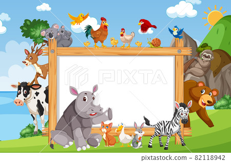 Empty wooden frame with various wild animals in the forest 82118942