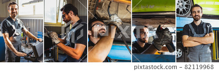 Collage. One young man, male auto mechanic in dungarees working at car service station, indoors. Concept of labor, occupation, business, caree, job 82119968