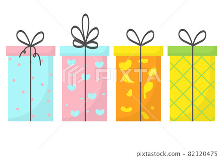 A set of four gifts with ribbons and bows. A set of boxes for gifts. A set of gifts for the holiday. A set of four gifts with ribbons and bows. A set of boxes for gifts. A set of gifts for the holiday. 82120475