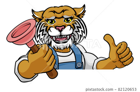 Wildcat Plumber Cartoon Mascot Holding Plunger Wildcat Plumber Cartoon Mascot Holding Plunger 82120653