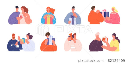 Friends with gifts. Personalized gift box, happy person with christmas present. Man surprised, isolated birthday funny utter vector characters 82124409