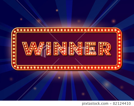 Retro winner banner. Sign show game, lottery prize winning golden lights signboard. Casino success champion, advertising recent vector poster 82124410