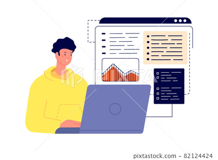 Graphic designer at work. Man working laptop, student coding. Programmer, web development or blogging vector concept 82124424