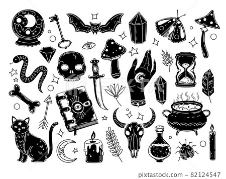 Witchcraft set. Drawn magic crystals, witch ball and black cat. Human skull, esoteric occult symbols. Medieval magical halloween exact vector set 82124547