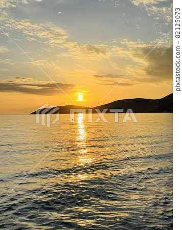 Beautiful scenic sunset over Ionian sea in Vlore Albania. Copy space. Beautiful scenic sunset over Ionian sea in Vlore Albania. Copy space. 82125073
