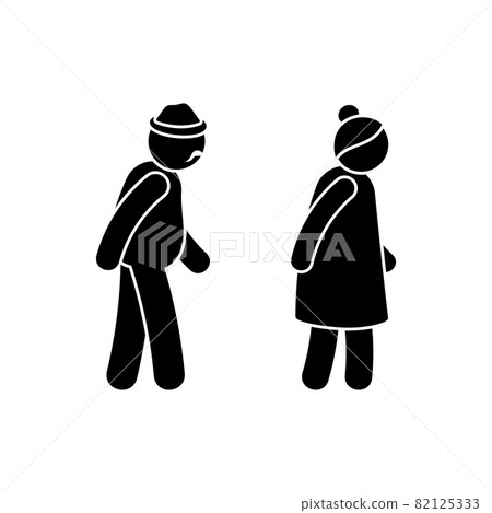 Grandparent stick figure old man and woman vector illustration set. Grandad and grandmother walking together side view isolated cut out couple icon silhouette pictogram 82125333