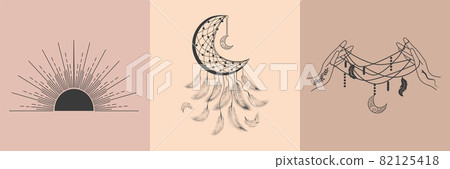Set of magic symbols, witch tattoos. Crescent moon, sun, hands, magic ball and stars. linear sketch, boho design, modern illustration 82125418
