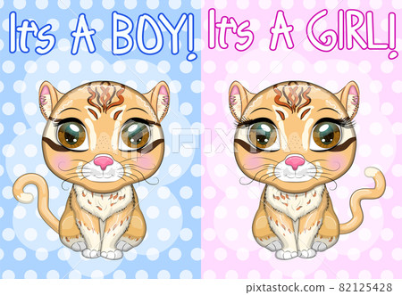 Baby Shower greeting card with Cute boy and girl. Asian golden cat with characteristic spots and colors 82125428
