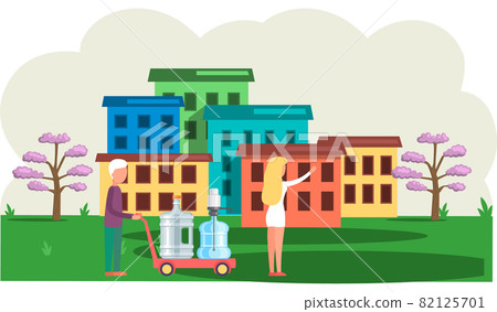 Water delivery service. Courier carrying purified drinkable liquid bottle on cart for urban consumer 82125701