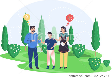 Family walking together, lost in summer park. Father, mother and son anxious people talking Family walking together, lost in summer park. Father, mother and son anxious people talking 82125784