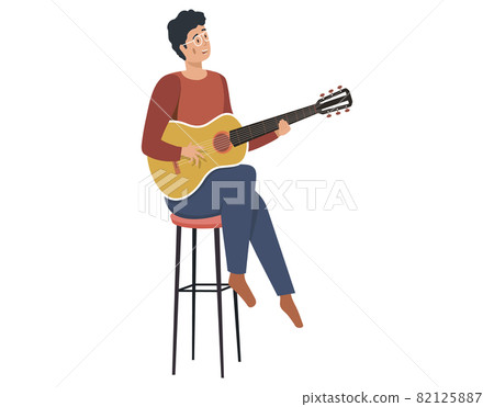 Man sings song. Guy sitting with guitar isolated on white. Guitarist making melody at home 82125887