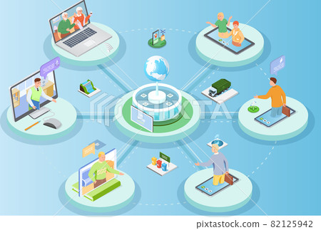 Online communication via Internet, social network. Chatting by videochat using green technology 82125942