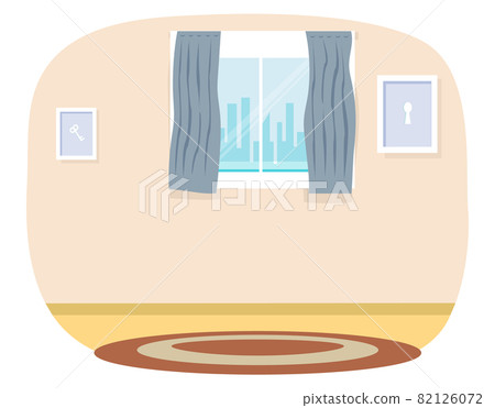 Cartoon living room with window, curtains, pictures in frame on wall. Indoor furniture design 82126072