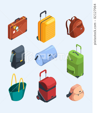 Isometric luggage. 3d pictures of suitcases luggage for travellers bags for adventure trip garish vector illustrations 82127064
