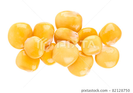 Pickled yellow lupine beans isolated on white background. Tournus, preserved lupinus. Top view. Pickled yellow lupine beans isolated on white background. Tournus, preserved lupinus. Top view. 82128750