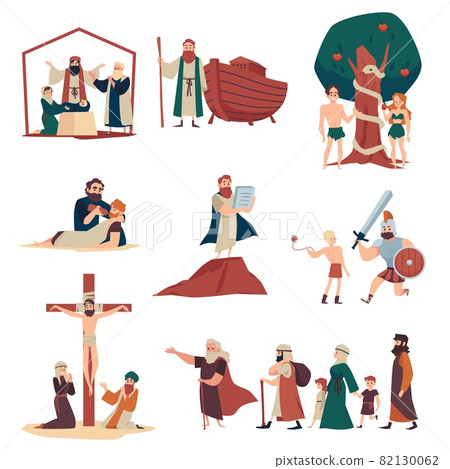 Bible narratives and religious moral stories, flat vector illustration isolated. Bible narratives and religious moral stories, flat vector illustration isolated. 82130062