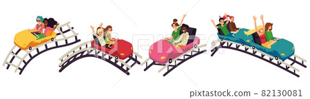 Children and teenagers ride a roller coaster in an amusement park. 82130081
