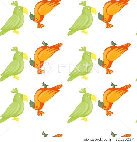 Green and orange colored parrots silhouettes seamless doodle pattern. White background. Isolated print. 82130237