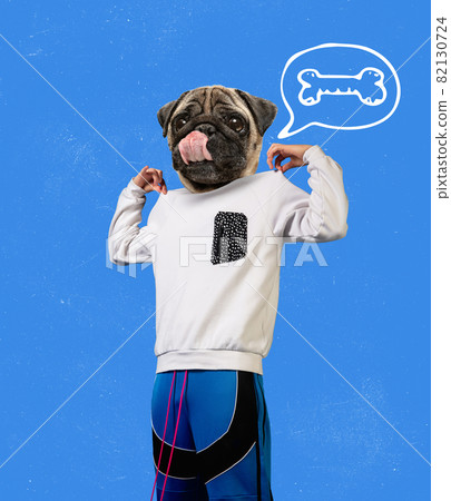 Contemporary art collage. Inspiration, idea, trendy urban magazine style. Stylish young man headed of dog's head 82130724
