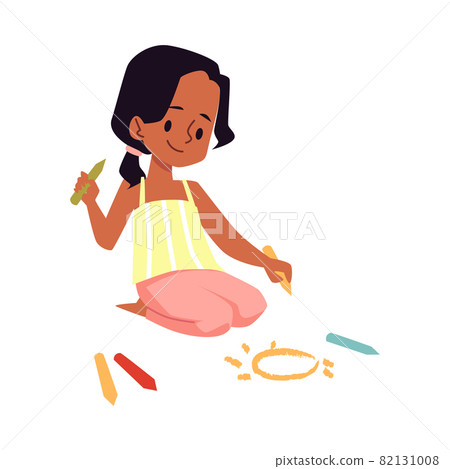 Cute creative child girl drawing with crayons flat vector illustration isolated. Cute creative child girl drawing with crayons flat vector illustration isolated. 82131008