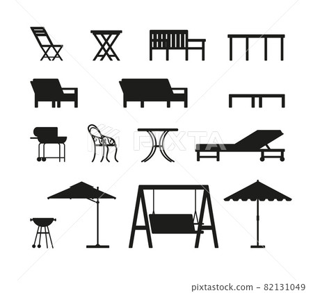Garden furniture black silhouette icons set, flat vector illustration isolated. Garden furniture black silhouette icons set, flat vector illustration isolated. 82131049