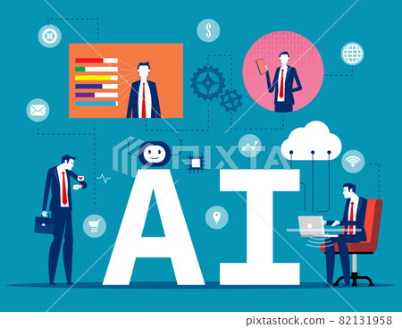 User and scientists exchange information around AI. Artificial intelligence concept 82131958