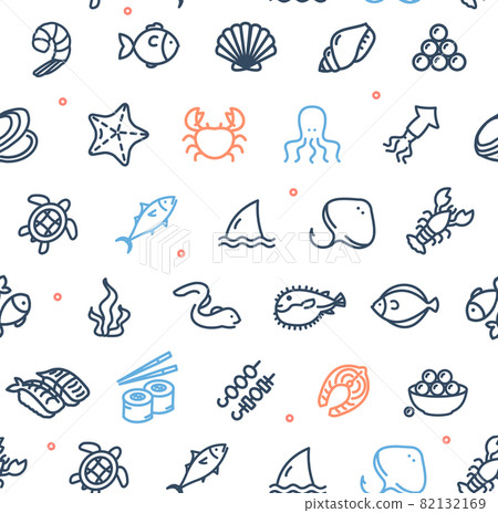 Seafood Sign Color Thin Line Sign Seamless Pattern Background. Vector 82132169