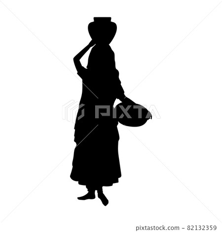 Silhouette Indian woman carrying jug on her head and basket in her hand 82132359