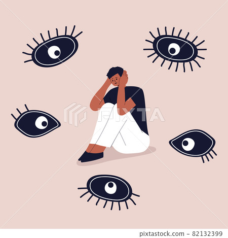 Concept of paranoia, persecution mania, phobias and mental disorders. A frightened black man sits and holds his head with his hands. The eyes look at the guy from all sides. Vector. Eps 10. Concept of paranoia, persecution mania, phobias and mental disorders. A frightened black man sits and holds his head with his hands. The eyes look at the guy from all sides. Vector. Eps 10. 82132399