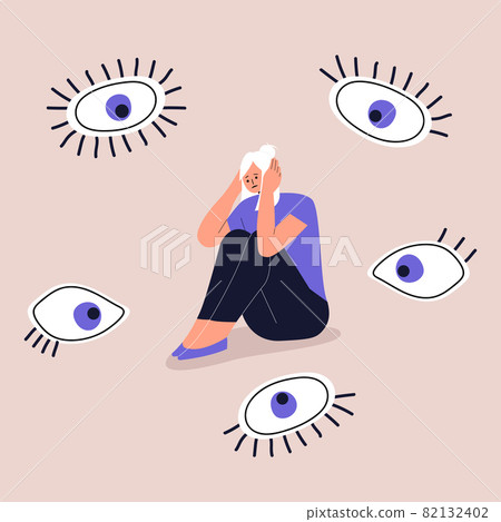 Concept of paranoia, persecution mania, phobias and mental disorders. A frightened girl sits and holds her head with her hands. The eyes look at the girl from all sides. Vector. Eps 10. 82132402