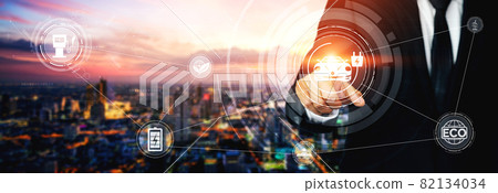 Electric car virtual reality concept with EV charging station for green energy 82134034