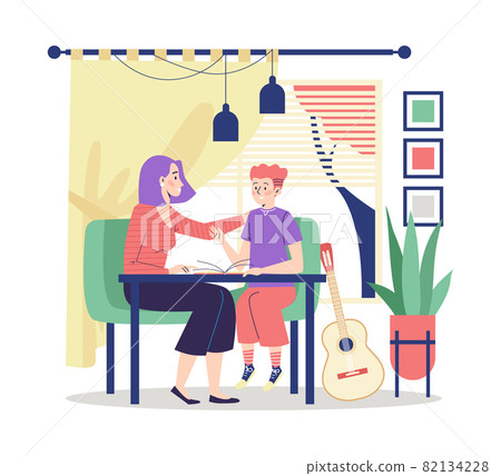 Woman talks and comforts teenager boy, flat vector illustration isolated. 82134228