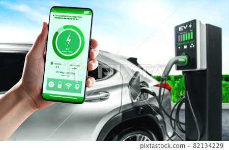 EV charging station for electric car with mobile app display charger status EV charging station for electric car with mobile app display charger status 82134229