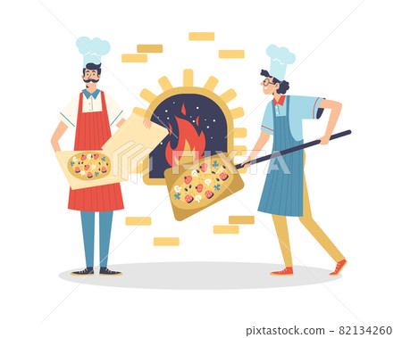 Pizzeria restaurant chefs bake pizza in stove, flat vector illustration isolated. Pizzeria restaurant chefs bake pizza in stove, flat vector illustration isolated. 82134260