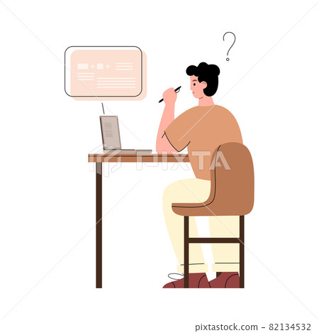 Young student studying remotely from home flat vector illustration isolated on white background. Distance education and virtual classroom internet technology. 82134532