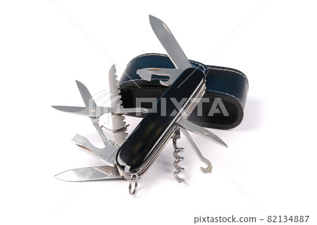 Black swiss army knife isolated on a white 82134887