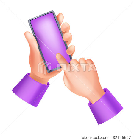 3D hands holding smartphone, vector touch screen illustration, human finger, mobile app UI icon.  82136607