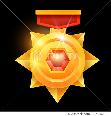 Golden medal game award, vector winner badge icon, champion victory reward, red ribbon, gemstone. Golden medal game award, vector winner badge icon, champion victory reward, red ribbon, gemstone. 82136608