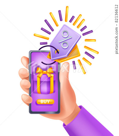 3D hand holding smartphone, vector online payment app concept, mobile sale purchase, gift box, tag 82136612