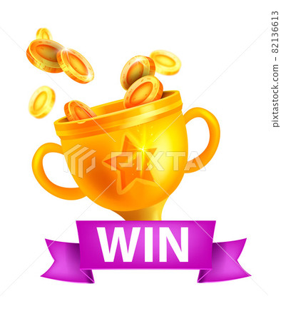 Game level up win icon, vector golden bonus cup casino rank reward, victory goblet badge shiny coins 82136613