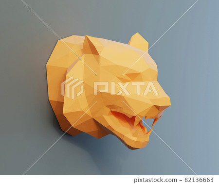 orange low poly tiger head on gray background, paper animal trophy on the wall, 3d render 82136663
