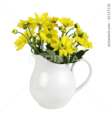 Yellow chrysanthemum flowers in a white ceramic jar with yellow satin ribbbon bow isolated on white Yellow chrysanthemum flowers in a white ceramic jar with yellow satin ribbbon bow isolated on white 82137116