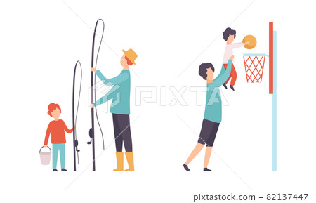 Man Parent and His Son Spending Good Time Together Playing Basketball and Fishing Vector Set Man Parent and His Son Spending Good Time Together Playing Basketball and Fishing Vector Set 82137447