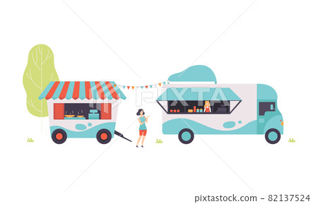 Amusement Park Kiosk and Tent with Woman at Counter Selling Food and Snack Vector Set 82137524